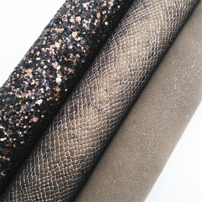 Black Mixed Brown Glitter leather, Metallic Snake synthetic leather, Glitter Suede Faux Leather Sheet For Bows DIY 21x29CM KM845