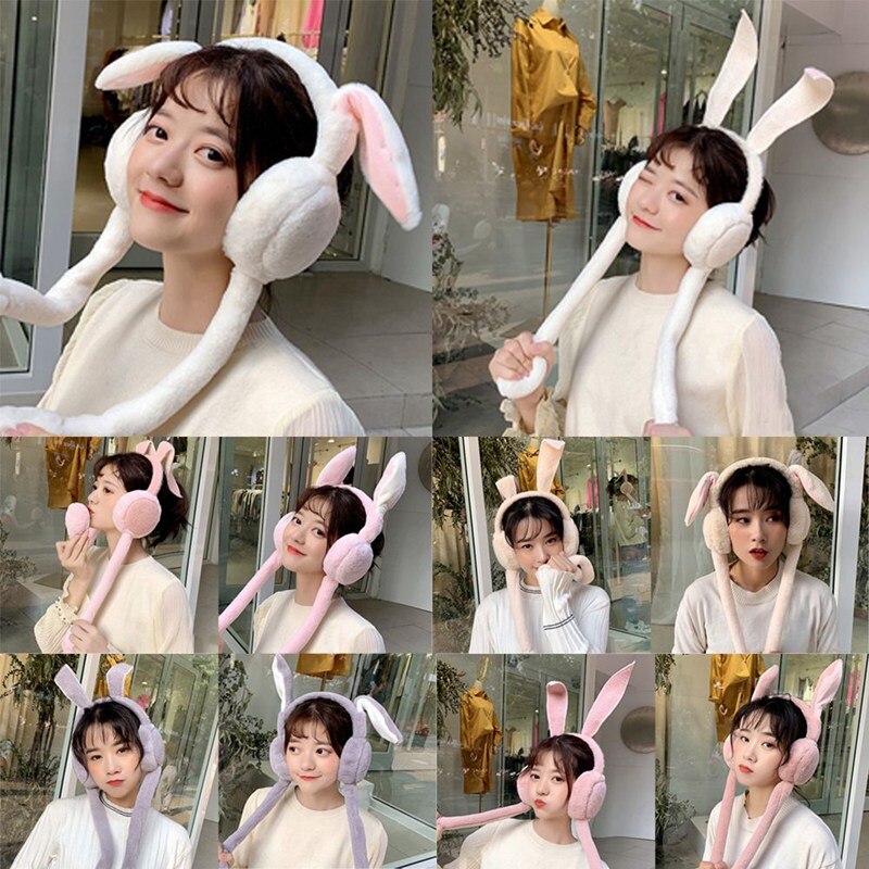 Protège-oreilles mobiles pliables avec oreille de lapin en hiver coupe-vent pour filles, protège-oreilles en peluche tricoté, oreilles de lapin poilu