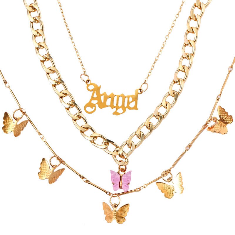 Collares de cristal multicapa con de mariposa y dragón para mujer, cadena de clavícula con letras de Ángel dorado Punk, joyería para de hip hop, novedad: Chapado en cobre envejecido
