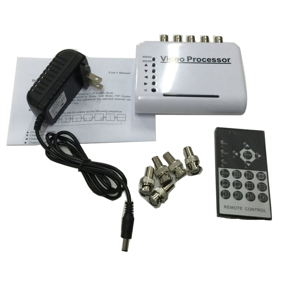 Podofo 4 Channel CCTV Color Video Quad Splitter Switcher Camera Processor System Kit with Remote Control 5 BNC Adapter