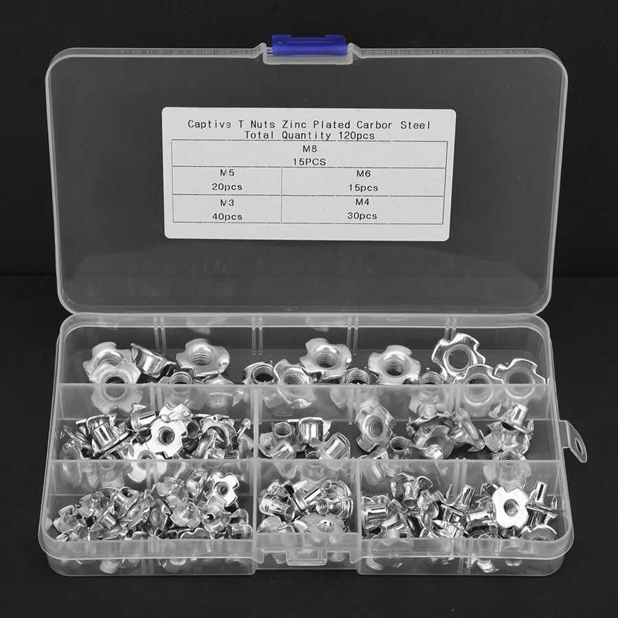 120Pcs M3 M4 M5 M6 M8 Tee Nuts Galvanized Carbon Steel T Nut Blind Four-Pronged Insert T-nut Assortment Kit Furniture Hardware