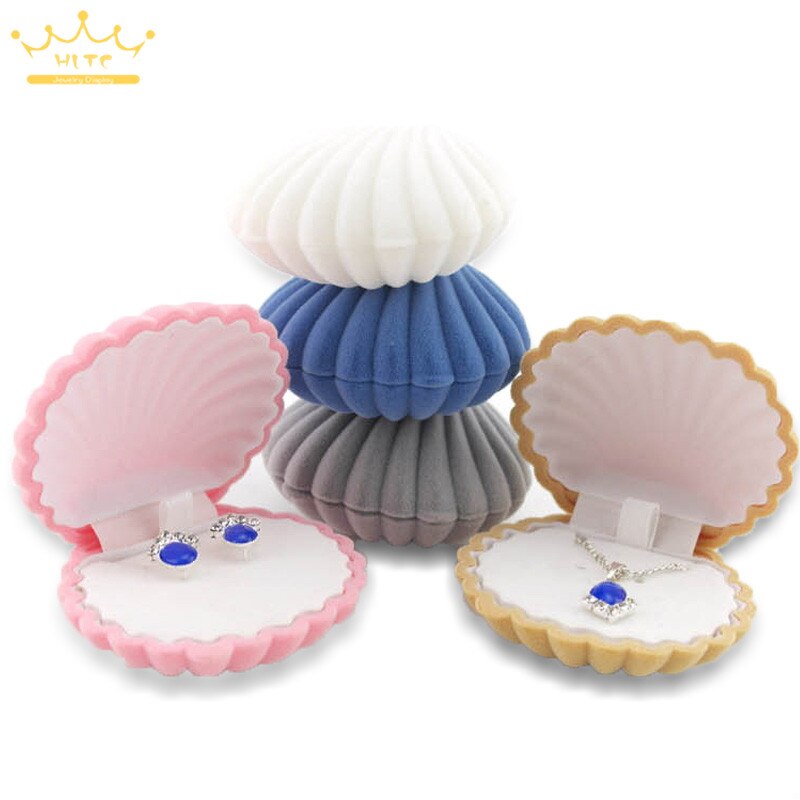 1 Stuk Shell Vorm Mooie Fluwelen Bruiloft Engagement Ring Box Voor Oorbellen Ketting Armband Sieraden Display Box Houder