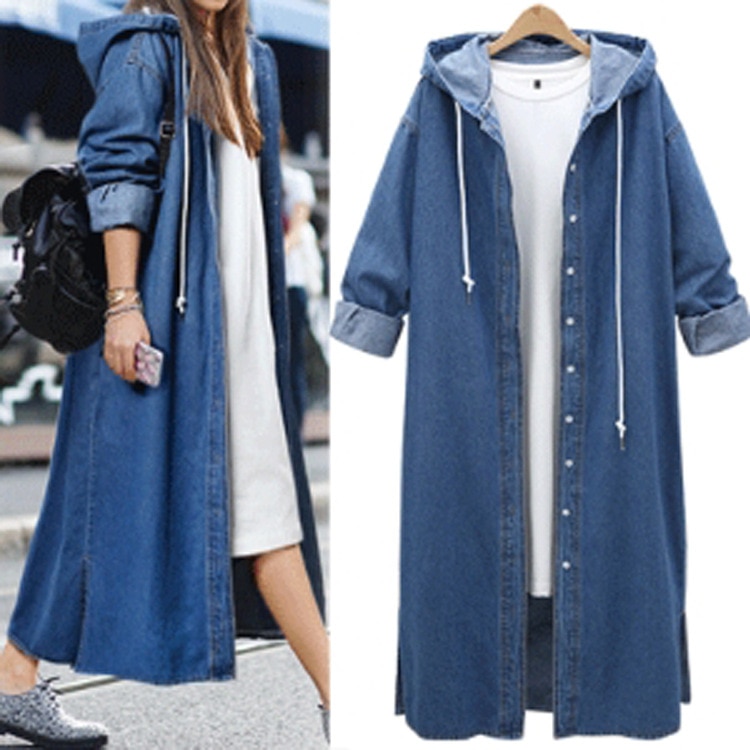 Women Loose Long Sleeve Hooded Denim Jacket Coat Ladies Casual Buttons Long Jean Coat Cardigan Outwear Tops