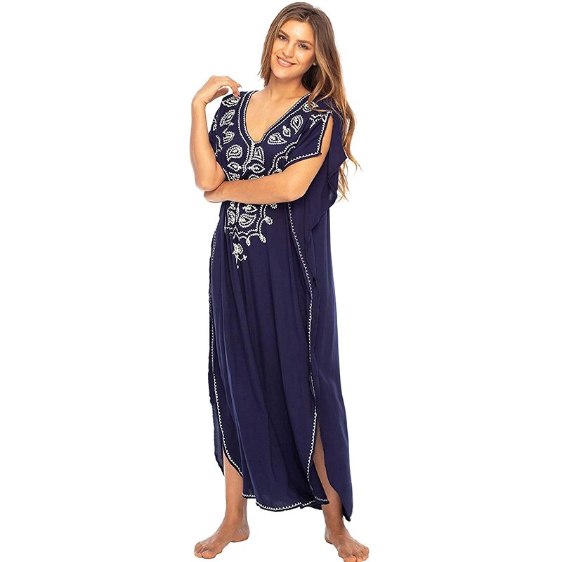 Beach Cover up Cotton Embroidered Bikini Cover up Plus size Women Party Maxi Dress Robe Plage Beach Pareo