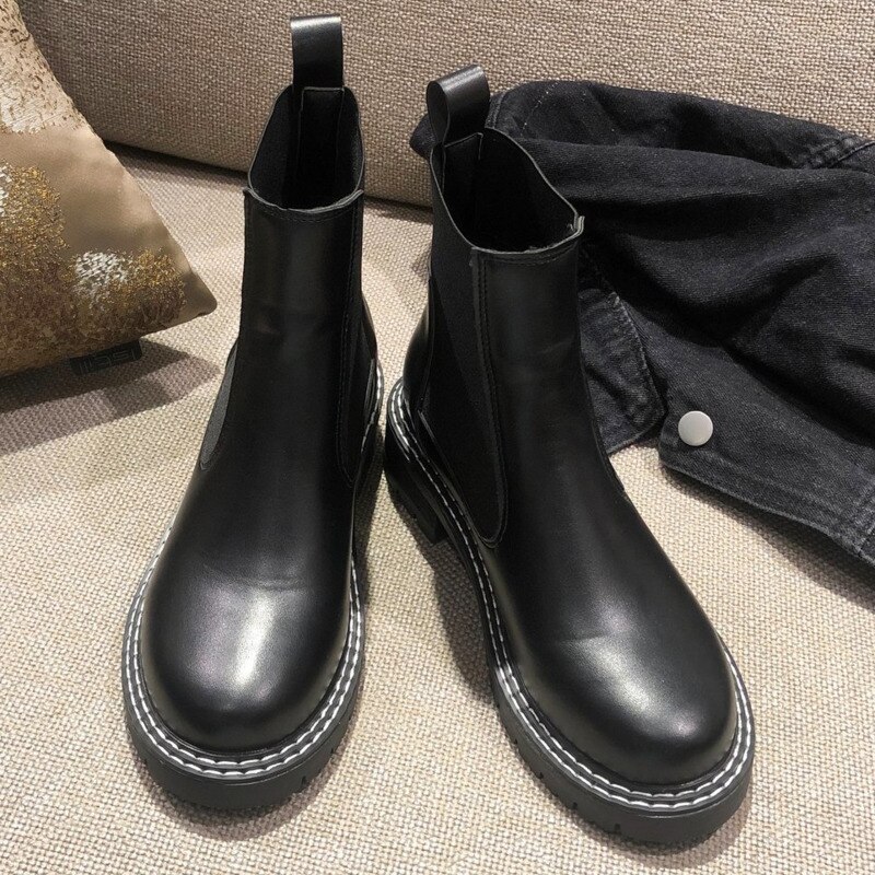 Botas Chelsea de cuero de , botines de mujer Otoño Invierno , botines de mujer de tacón grueso, zapatos de punta cuadrada para mujer