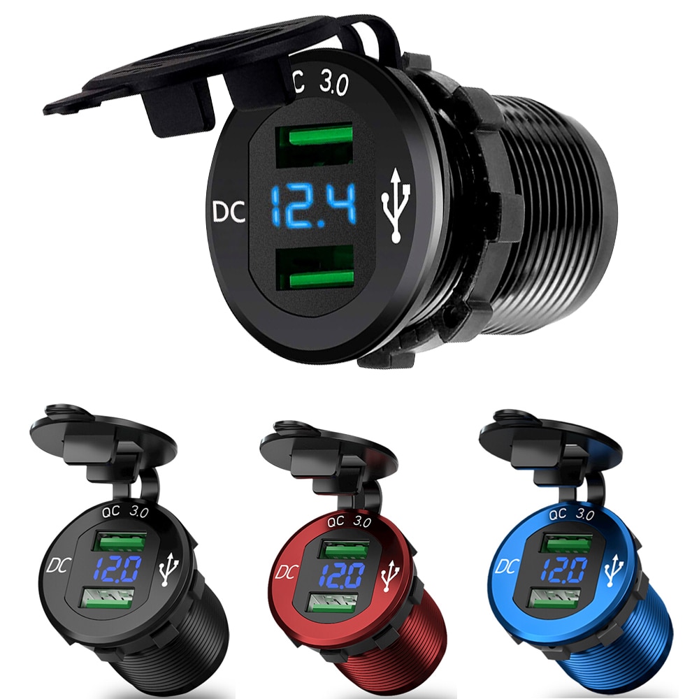 Quick Charge 3.0 Dual Usb Charger Socket Waterdichte Aluminium Power Outlet Snelle Lading Met Led Voltmeter Voor 12V/24V Auto Boot M