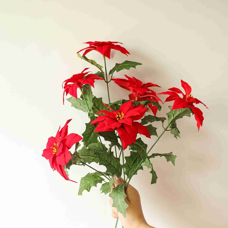 1 Branch 2 Heads Real Touch Cloth Christmas Flowers Artificial Christmas flowers Red Poinsettia vase photography props Ornaments