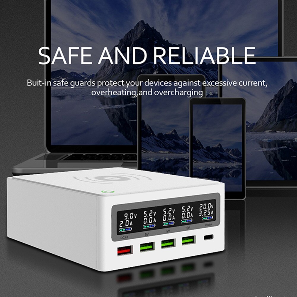 Ilepo 110W 5 Poorten QC3.0 Usb Type C Pd 65W Adapter Lcd Draadloze Oplader Cellphonetfast Lader Station voor Laptop Tafel
