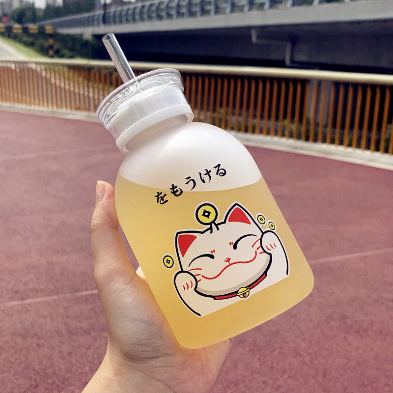 500ml chat chanceux bouteille en plastique sans BPA dessin animé Transparent/givré bouteilles d'eau étanche Drinkware mignon étudiant tasse