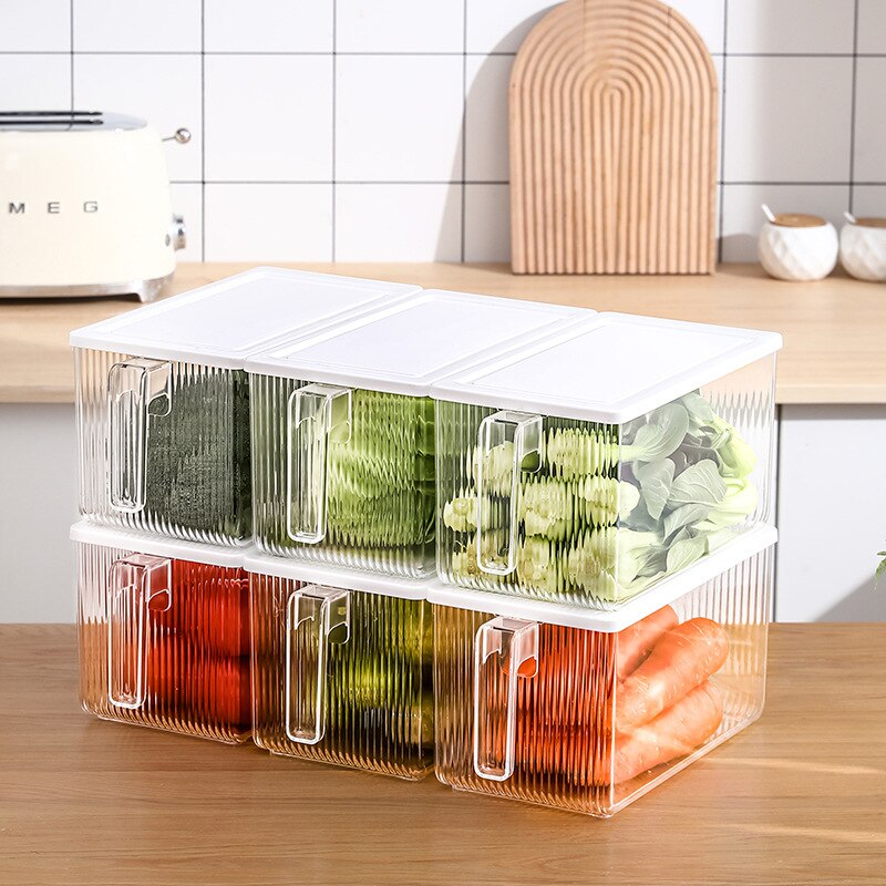 Stackable Plastic Storage Box with Lid and Handle Transparent Pantry Food Container Kitchen Refrigerator Fruit Organizer Bin