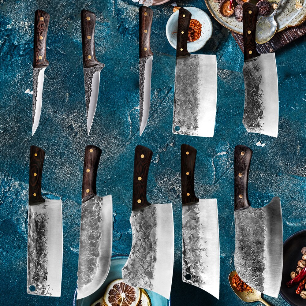 Traditional Forged Kitchen Knife Set Handmade Hammer Stainless Steel Chef's Chopper Cooking Knives Meat Slicer Butcher Knife
