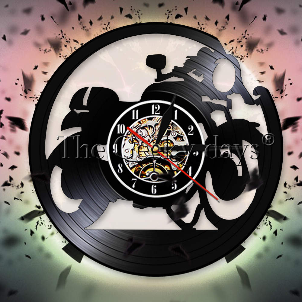 Reloj de pared Cafe Racer clásico de motocicleta Vintage Reloj de pared de vinilo de registro reloj de moto Arte de la pared Decoración motociclista corredor de