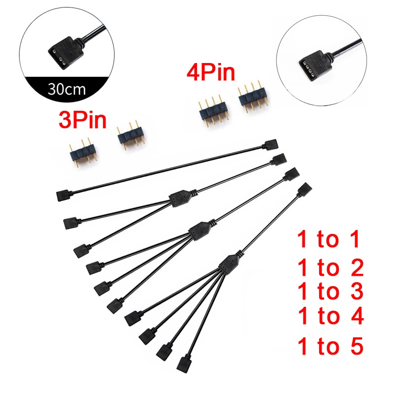 ARGB 5V 3Pin Extension Cable Adapter 30cm 1 to 1 2 3 4 5 12v 4pin RGB splitter cable for MSI A SUS ASRock AURA LED