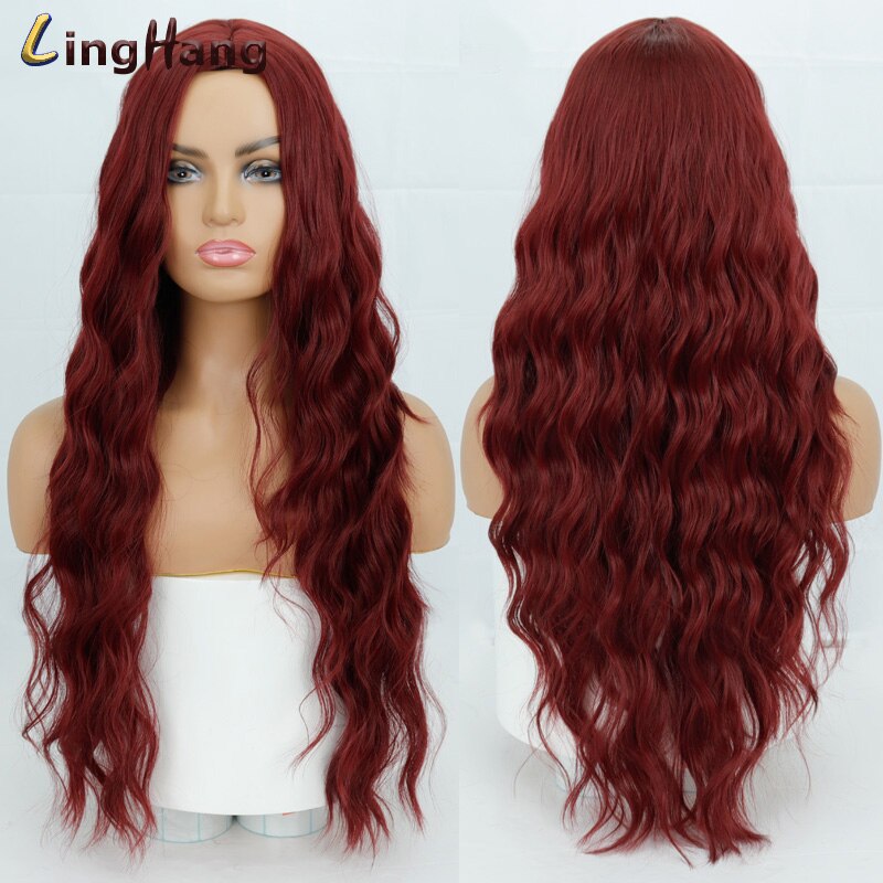 Leng Hangen Lange Water Wave Kapsel Pruiken Paars Blauw Roze Goud Hoge Temperatuur Synthetische Midden Pruik Cosplay Vrouwelijke Pruik: 118-jiuhong-C