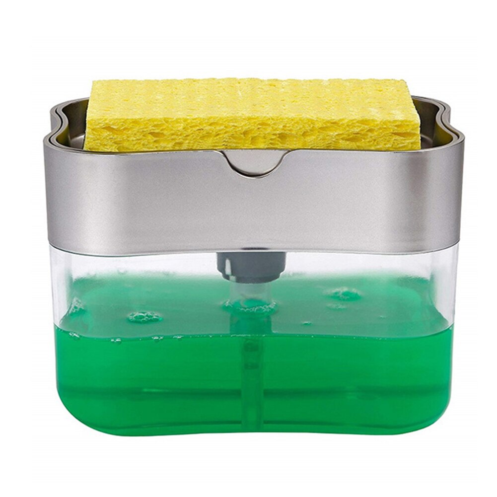 2 in 1 skrubbe flydende vaskemiddel dispenser manuel presse flydende sæbedispenser med svamp sæbe boks arrangør køkkenartikler: 01