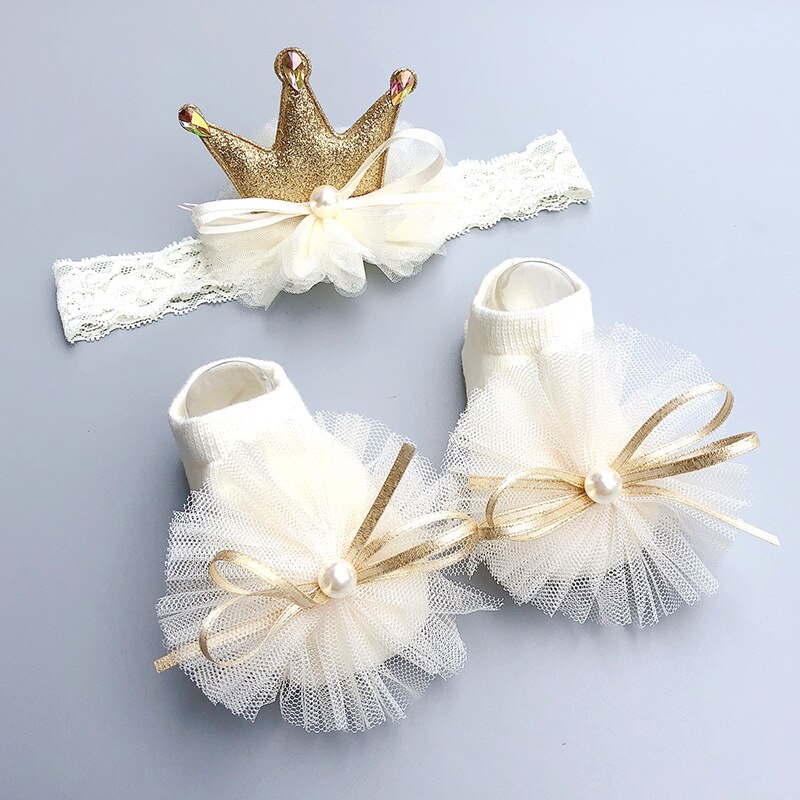 Baby Meisje Sokken Hoofdband Set Kant Bows Pasgeboren Meisje Head Bands Baby Crown Tulband Korte Sokken Peuter Haar Accessoires 3 stks/set: B