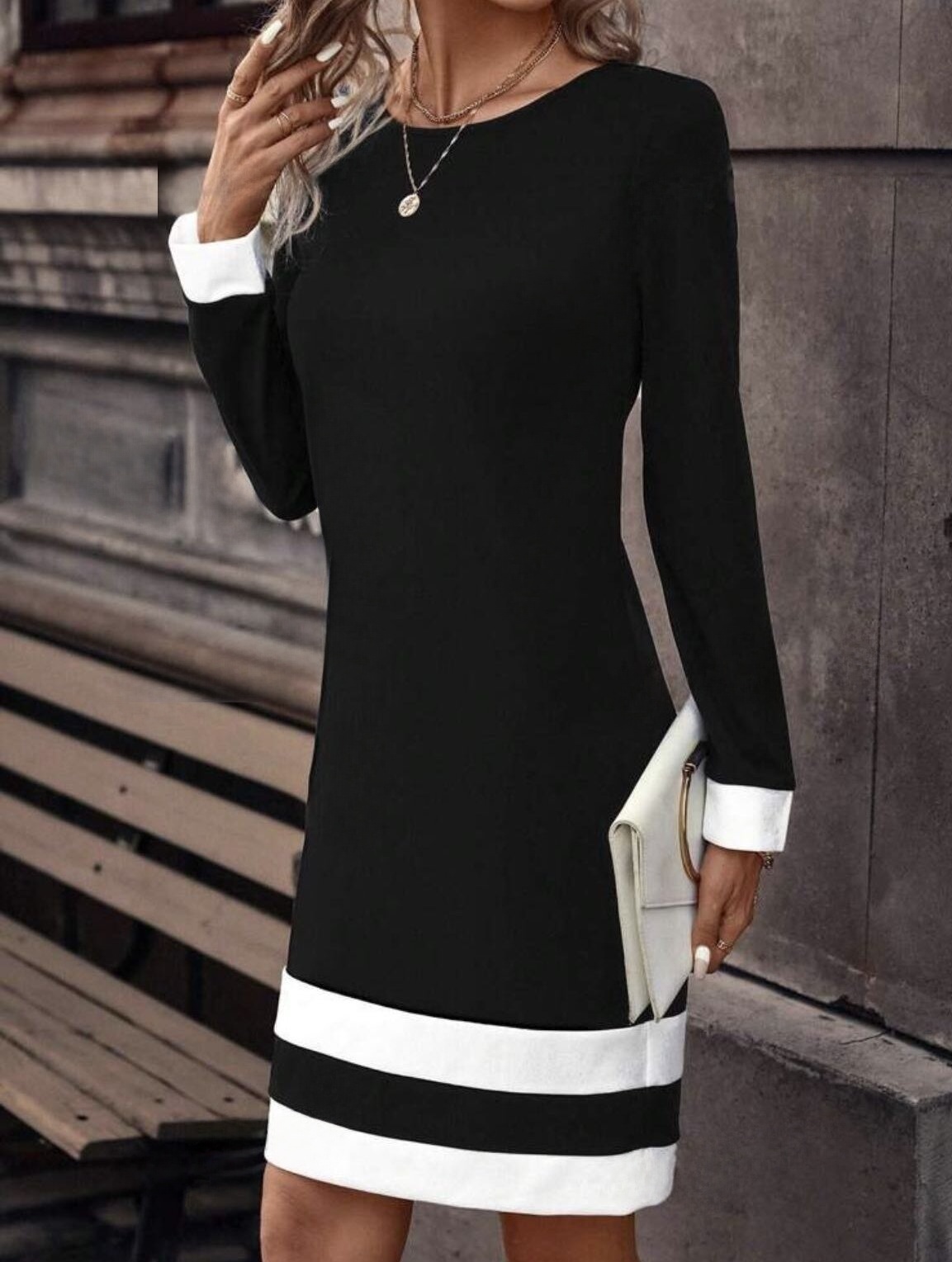 vestido ajustado de manga larga con parte inferior de punto y cuello de lunares para otoño e invierno