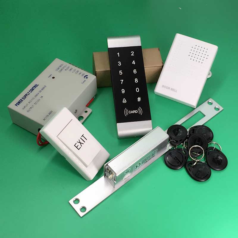 125 Khz Rfid Reader Touch Backlight Toetsenbord Toegangscontrole Kit Met Lange Type Fail Safe Geen + Keyfobs + Draad deurbel