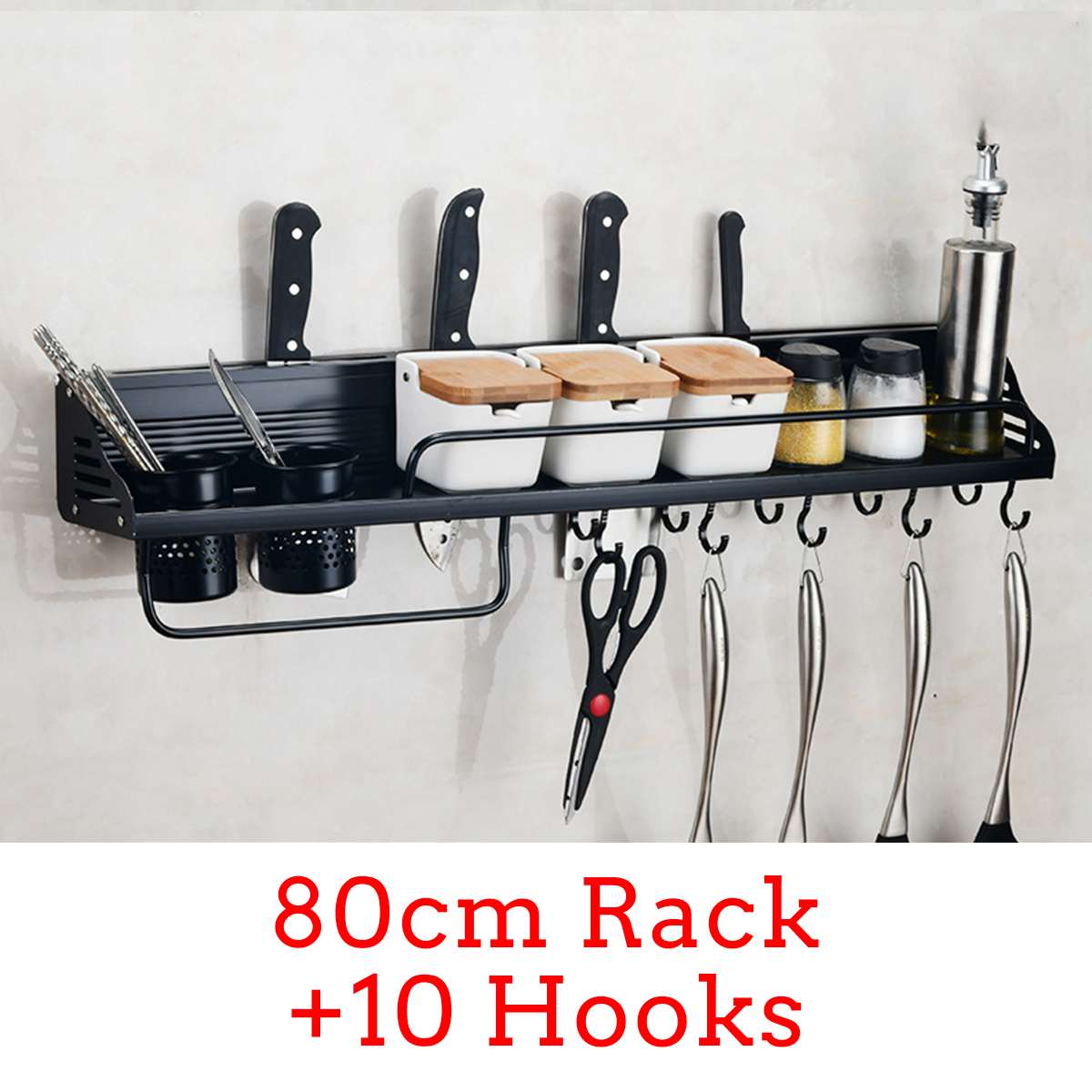 Wall-Mount Spice Racks Aluminum Kitchen Organizer Storage Shelves Utensil Spoon Hanger Hook Kitchen Gadgets Accessories Supplies: 80cm Rack 10 Hooks
