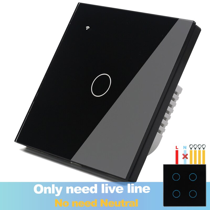 (No need neutral) WIFI Touch Light Wall Switch Black Glass Blue LED Smart Home Phone Control 1 Gang 2 Way Alexa Google Home: 1GangBlack