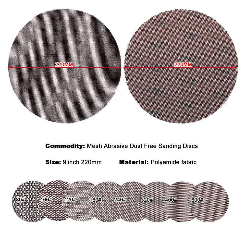10pcs 9Inch 220mm Mesh Grip Discs Dust Free Grid Line Abrasive Mesh Sanding Discs Sand Paper Hook and Loop Dry Sanding
