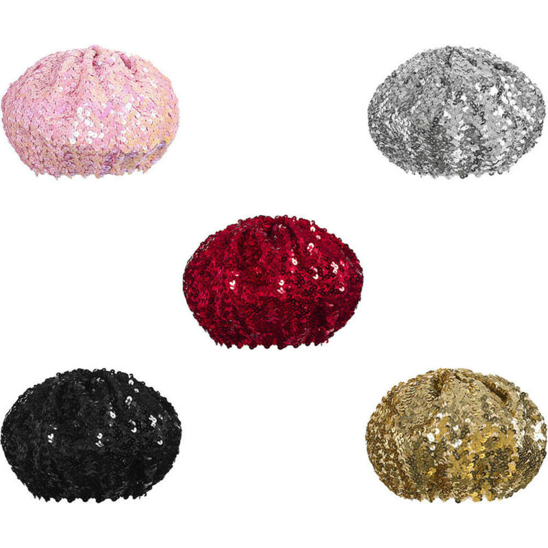 Women Sequin Berets Bling Stretch Metallic Shining French Beret Hat Beanie Clubwear Cap