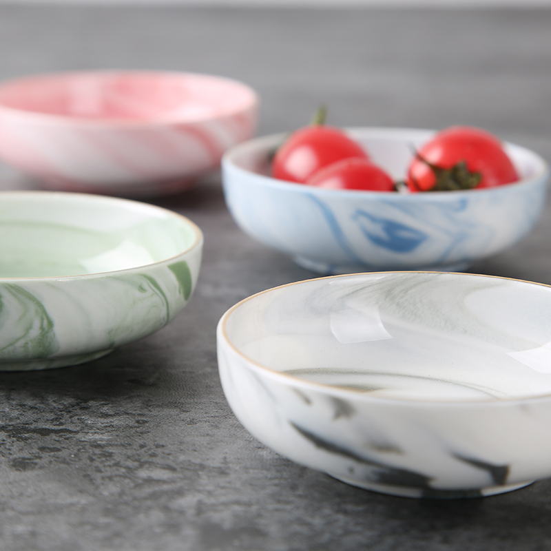 Ylellinen keraaminen lautanen marmorikuvio pyöreä hedelmämauste soijaviinietikka ketsuppikastike kulho pigmentit lautaset japanilainen sushi astiasto