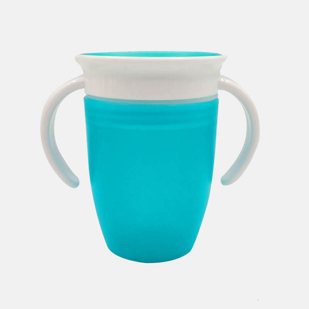 Botella mágica de alimentación de agua para niños a prueba de fugas de 360 grados, botella giratoria de aprendizaje para bebé, copa de plástico para beber con tapa abatible de doble manija: Blue