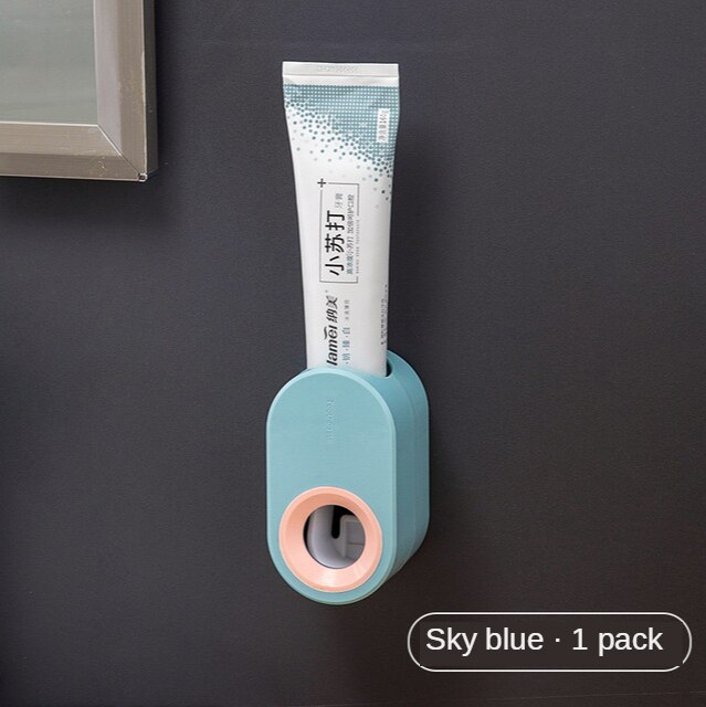 Fully Automatic Toothpaste Dispenser Hole Punched Toothbrush Toothpaste Storage Shelf Wall Hangers Lazy Extrusion Useful Product: Sky Blue