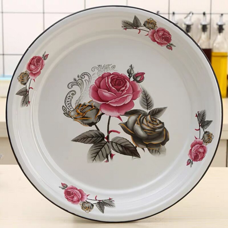 Plato grande de esmalte chino Vintage, plato de comida de fruta con patrón de rosa de girasol, contenedor, vajilla, utensilios de cocina