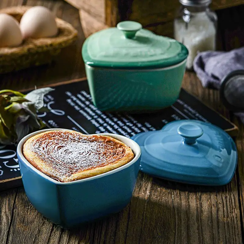 Fransk bakskål med lock keramik persikahjärta ångad ägg hushållskärlek små vaniljsåsskålar porslin