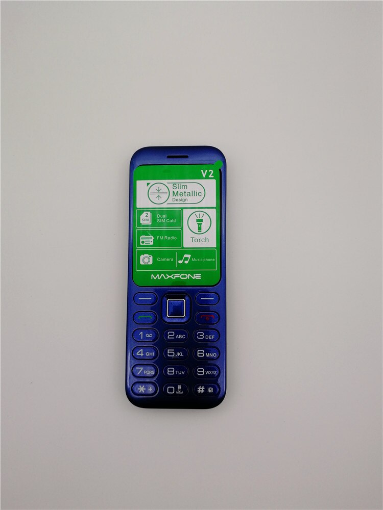 Maxfone V2 Original Push-button Cell Phone With 1.77 inch Screen Dual Sim Camera Bluethooth Big Torch FM Cheap Bar Mobile Phone: English Keyboard / Blue