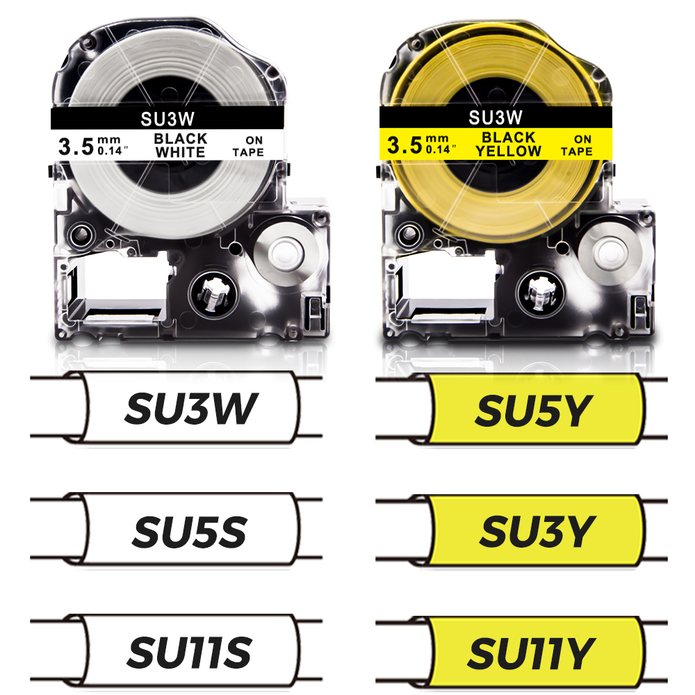 Tubo termorretráctil de etiquetas de 3,5/5/11mm SU5S SU11S SU5Y SU11Y SU3Y SU3W Compatible con impresora Epson LabelWorks LW-300 LW-400 LW-500