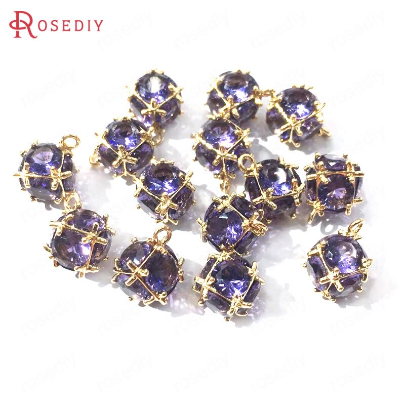 (38109)6PCS Zircon 4MM or 6MM 24K Champagne Gold Color Brass and Zircon Cube Charms Pendants Jewelry Making Supplies Accessories: Purple / Cube 6-7MM