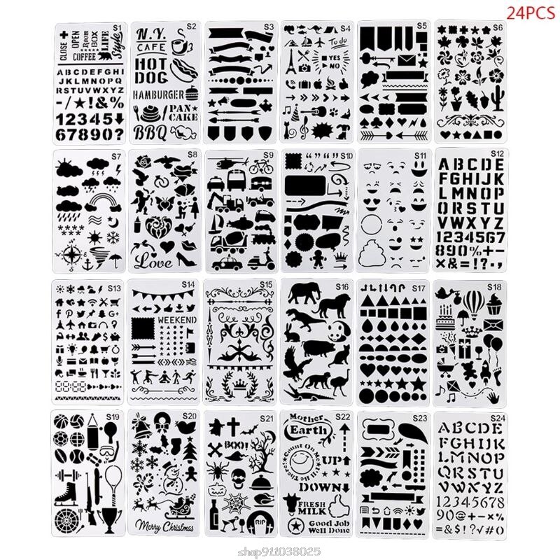 24pcs/set Journal Borders Drawing Template Ruler Stencil Painting Board DIY Album Decoration Tool Ja21 21: Default Title