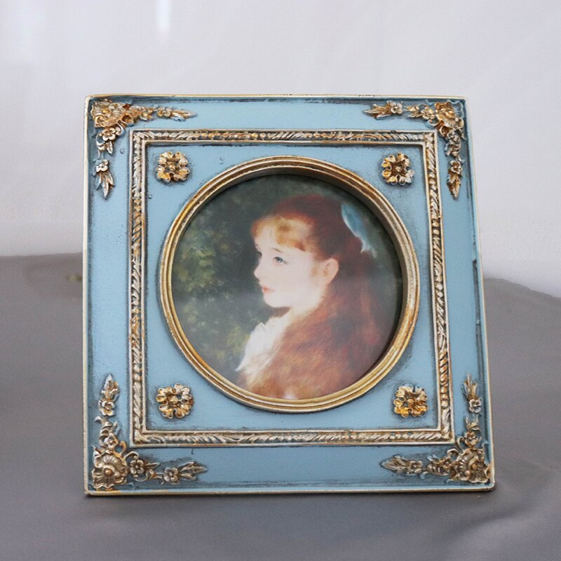 European Style Retro Gold and Blue Carved 6 Square 4 Inch Photo Frame Set Up French Light Luxury Resin Framed Wall Art: 4 Inch