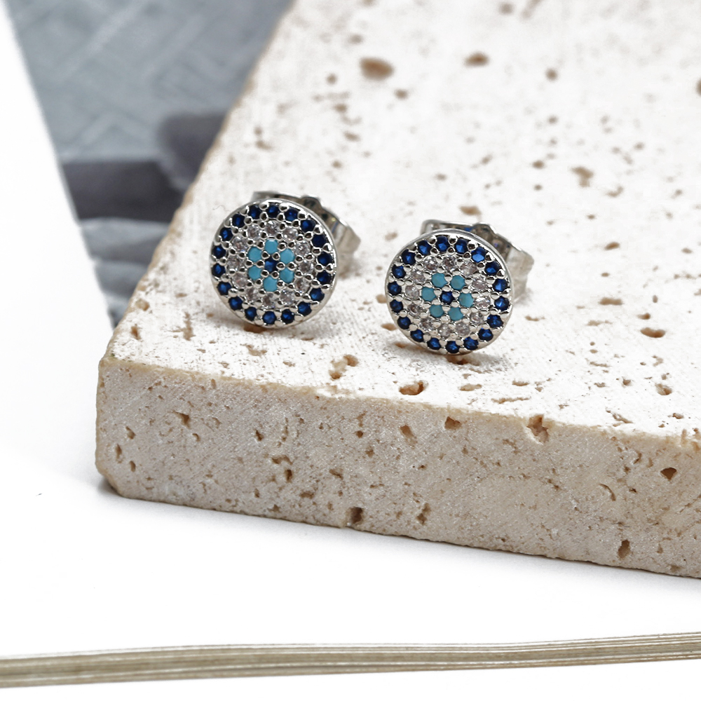 Oeil chanceux Micro pavé rond Zircon boucles d'oreilles cuivre turc mauvais œil Piercing boucles d'oreilles pour femmes filles hommes bijoux BE1058