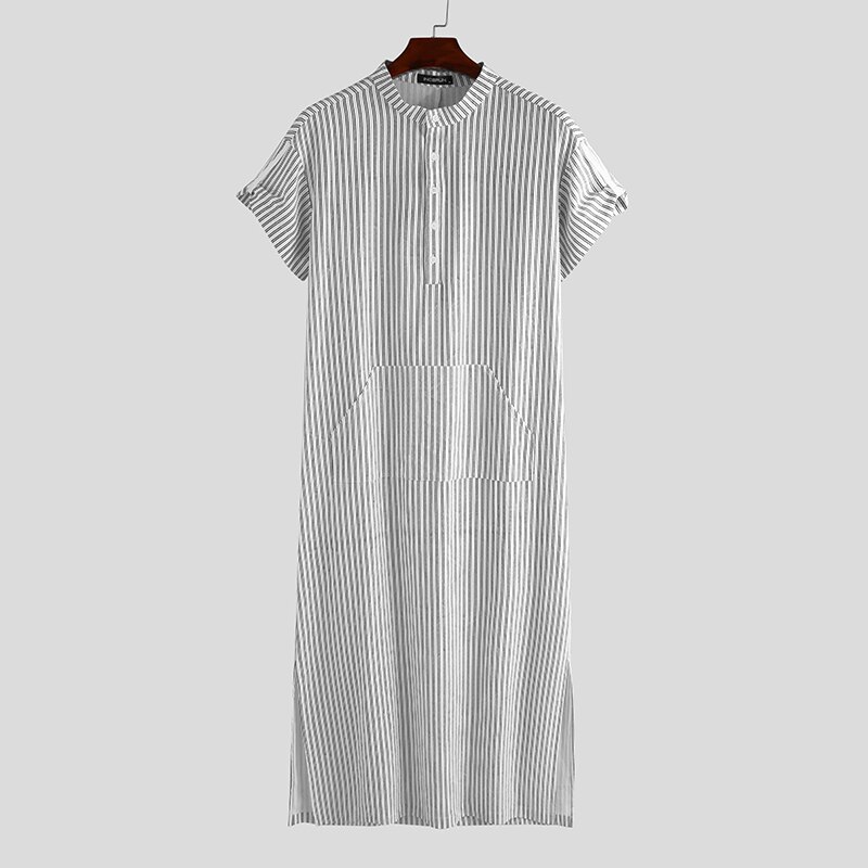 Incerun stribede mænd islamisk arabisk kaftan korte ærmer afslappede muslimske rober bomuldslommer mellemøsten mænd jubba thobe s -5xl: Hvid / M