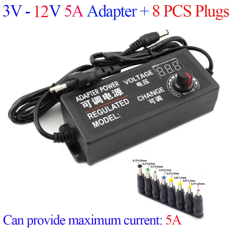Adjustable AC To DC Power Supply 3V 5V 6V 9V 12V 15V 18V 24V 3A 5A Power Supply Universal 8 Pin DC 48W 60W 72W Adapter: black