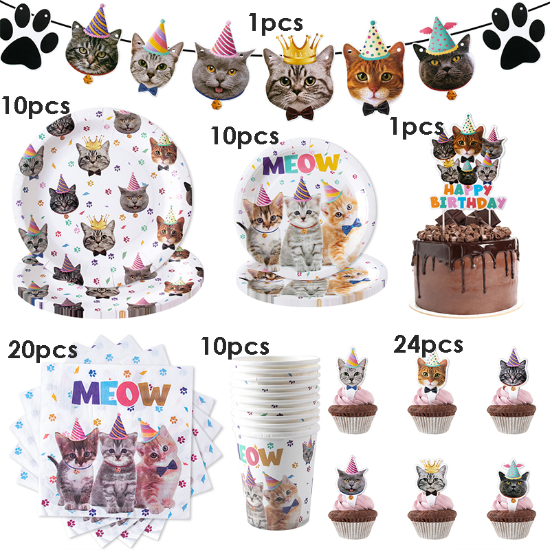 Decoración de de cumpleaños para gatos, pancarta de papel, plato, taza, adorno para pastel, juego de vajilla desechable, suministros para fiestas temáticas de gatos para niños: Amarillo fluorescente