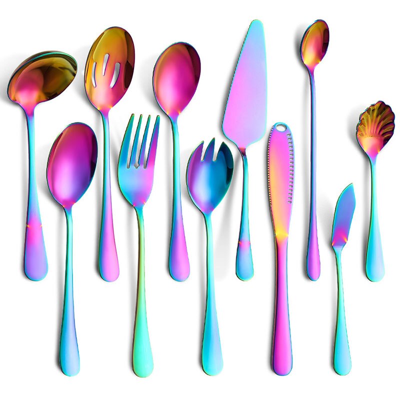 Couverts colorés en acier inoxydable, 6-24 pièces, couteau, fourchette, cuillère, service de table, vaisselle en or, service de table, ustensiles de cuisine: Multicolor-11PCS