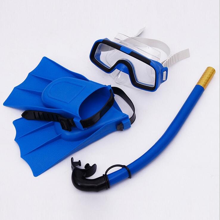 Børns dykningsbriller snorkling tre skatte sæt svømmebriller svømningsbriller snorkelfinner: Blå