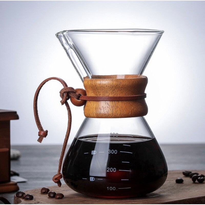 High-Temperature Resistant Glass Anti-Scald Wooden Handle Coffee Maker Coffee Pot with Stainless Steel Filter Home Machine