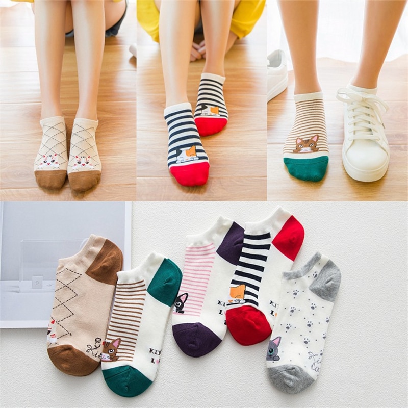 Summer Soft Socks Cartoon CAT comfortable cotton bamboo fiber girl women&#39;s socks ankle sock female candy color hosier 1pair=2pcs