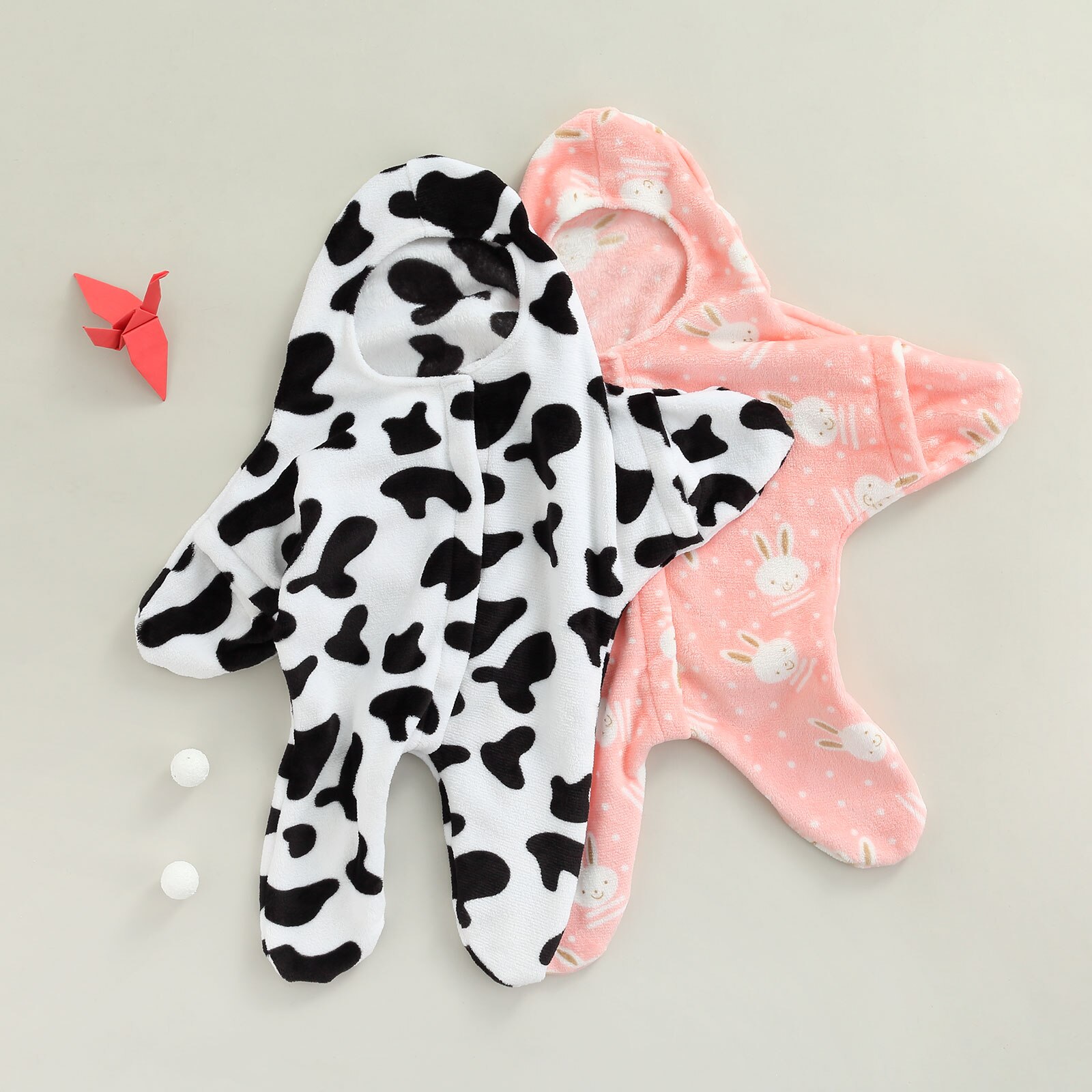 Baby Baby Meisjes Jongens Fleece Hooded Romper, Winter Warm Koe/Bunny Print Lange Mouwen Betaalde Jumpsuit