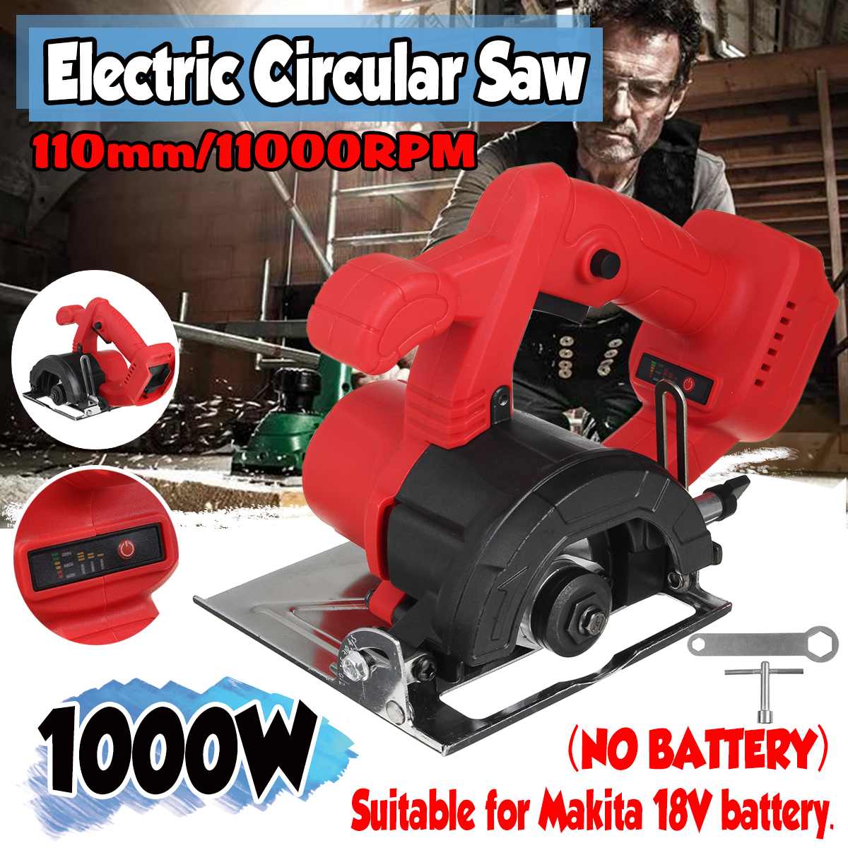 11000RPM 110mm Cordless Electric Circular Wood Cutter Curved Adjustable Cutting Sawing Machine For 18V Makita Battery