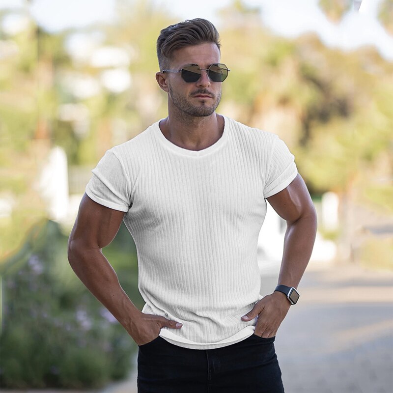 Zomer hardloopshirt met v-hals en korte mouwen, gebreid t-shirt voor heren, sportshirt, slim fit t-shirt, fitness, bodybuilding, trainingskleding: O-hals wit / M