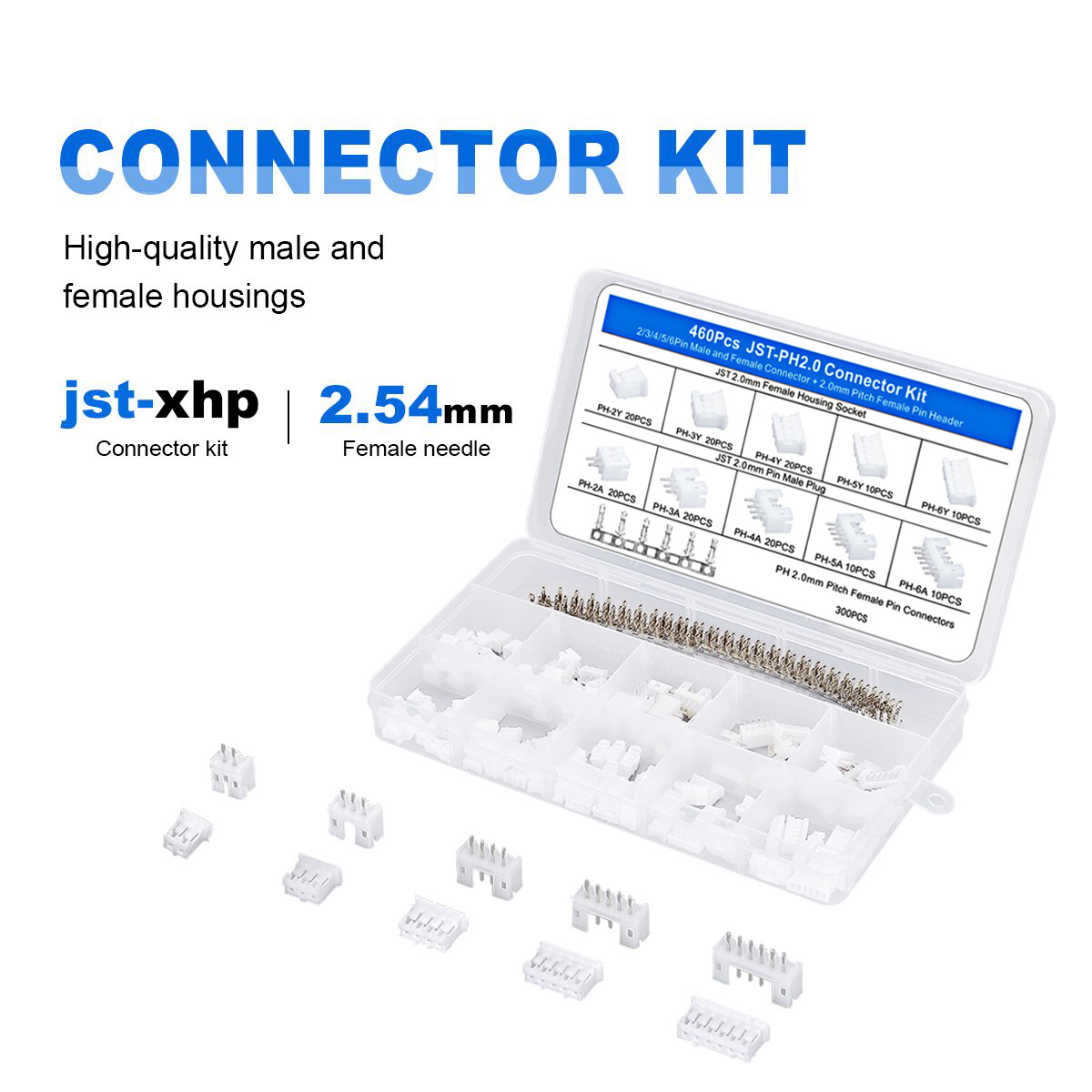 JST – Kit de connecteurs mâles et femelles XH2.54 PH2.0, avec fiches à 2/3/4/5/6 broches et câbles terminaux