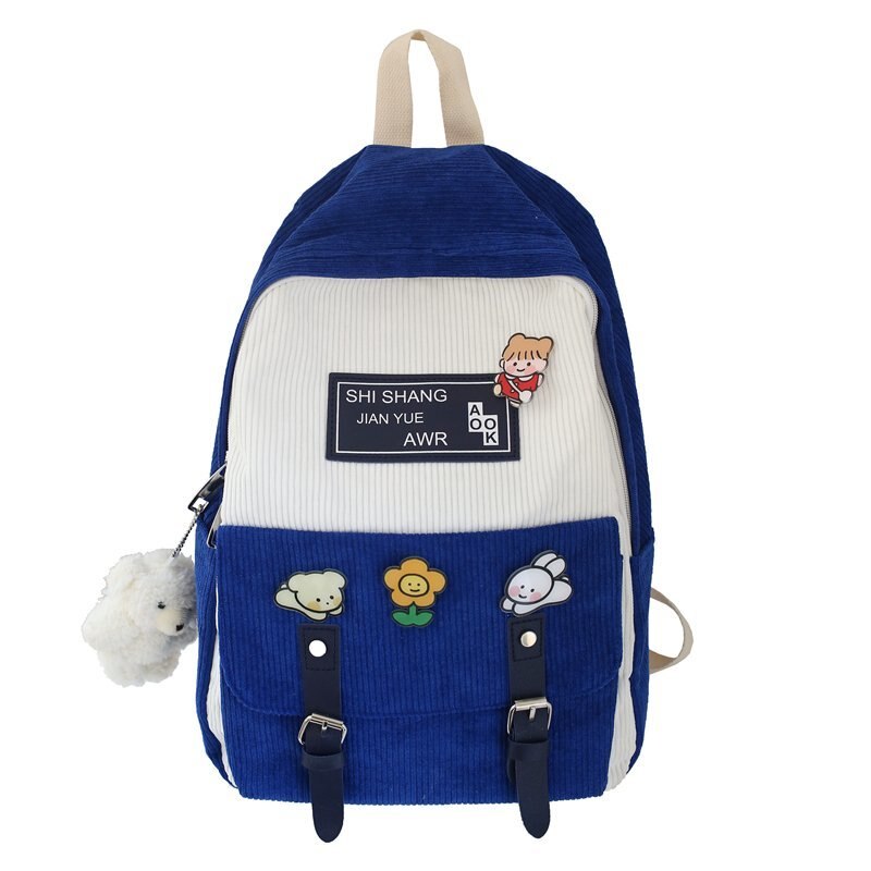 Cute Corduroy Backpacks for School Teen Girls Patchwork Colorful Bagpack Kids School Bags Double Buckles Travel Knapsack H246: blue / only pins