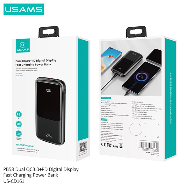 Usams  pd 22.5w schnelllade-powerbank mit digitalanzeige,  qc3.0 mah 10000 tragbarer externer akku für smartphone, tablet und laptop